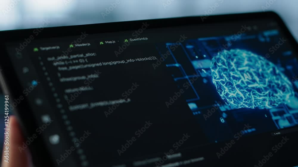 Poster data center technician using artificial intelligence on tablet to prevent vulnerabilities. employee 