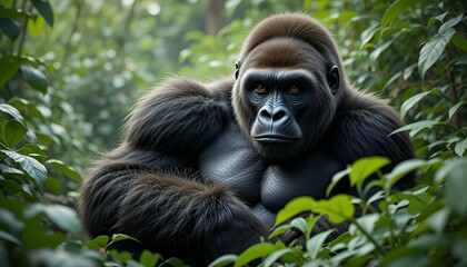 Fototapeta premium Gorilla Portrait in Lush Rainforest Foliage with Intense Stare