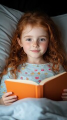 A young girl is reading a book while laying in bed. She has red hair and is smiling