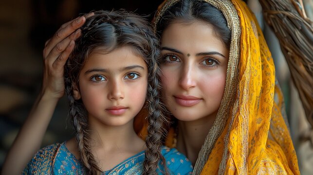Quiet moment in a rural Indo Pak home a mother braiding her daughters hair both in traditional attire the simplicity and warmth of their bond reflecting traditional gender expectations
