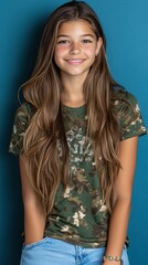 A girl with long brown hair is wearing a green camo shirt and blue jeans. She is smiling and looking at the camera