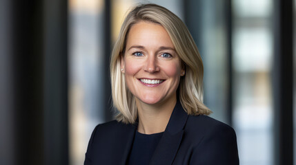 Professional woman smiling in business setting, showcasing confidence and approachability