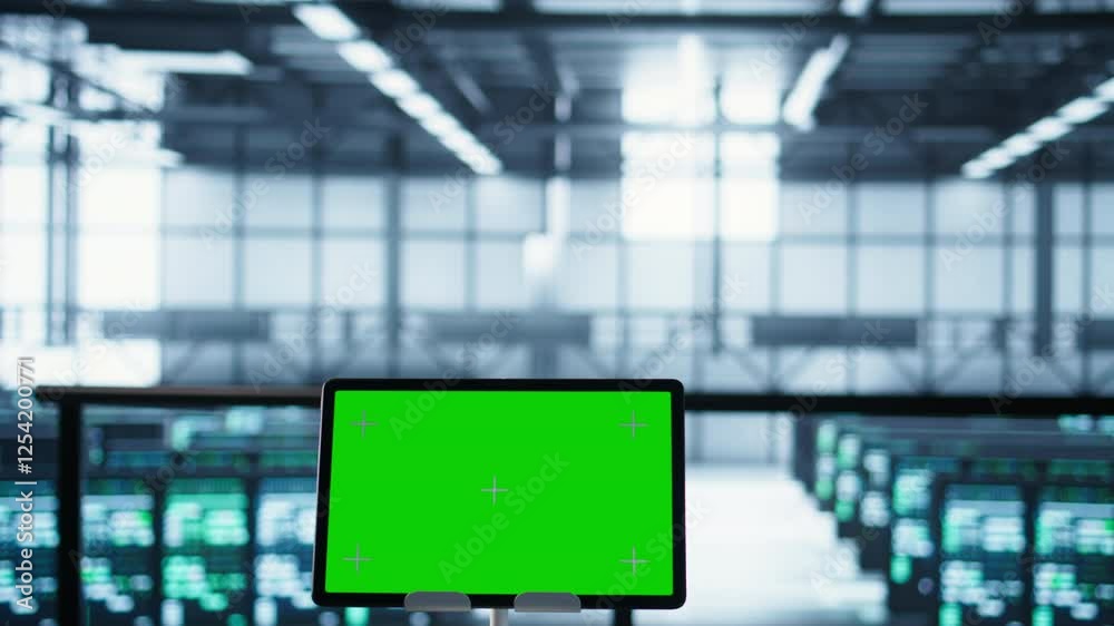 Poster close up of chroma key tablet and teamworking programmers in server room adjusting power management 