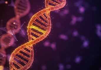 Purple orange yellow DNA double helix structure or molecule. Gene therapy, CRISPR gene editing. Treatment of blood cancer and hereditary diseases. Eco friendly technology. Copy space.