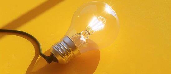 Bright light bulb connected to an electrical cord on a sunny yellow surface, viewed from above in a banner format. Conveys the concept of new solutions and inspiration in technology and education.