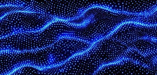 Blue particle wave digital art, dark background, website design