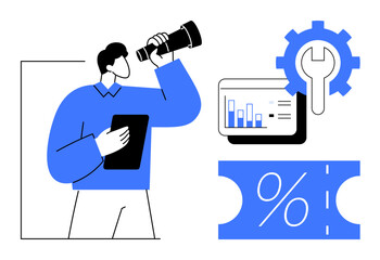 Man holding tablet and looking through telescope, accompanied by chart, wrench, and percentage sign. Ideal for strategy, analytics, problem-solving, business planning, financial analysis growth