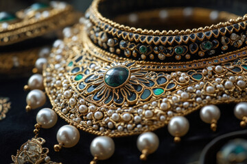 Close up: Gold and emerald necklace shimmering under soft lighting, showcasing intricate design and luxurious details.