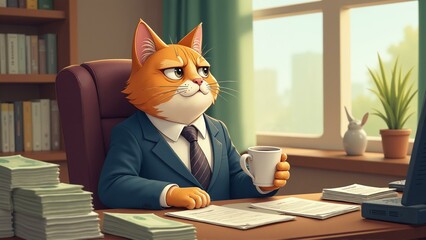 Cartoon cat CEO at desk with cash, papers, and coffee, looking out the window