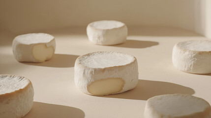 Artisanal aged cheese rounds with natural rind on a pastel background with soft shadows, gourmet dairy and food styling concept.