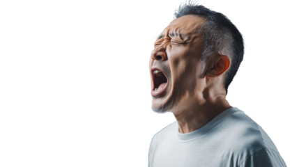 Middle-aged asian man shouting with transparent background