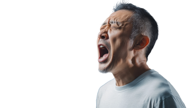 Middle-aged asian man shouting with transparent background