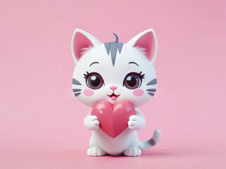 Fototapeta premium Cute white kitten holding a pink heart, pastel background, adorable illustration