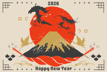 午年, 年賀状, 2026年, 馬, うま年, ベクター, お正月, 和柄, 富士山, 和風, 筆書き, 背景, フレーム, 和, 筆, 鶴, モダン, デザイン, 大正ロマン, 正月, 手描き, イラスト