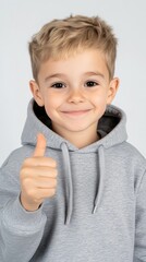 A young boy is wearing a gray hoodie and giving a thumbs up. He is smiling and he is happy
