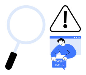 Magnifying glass, warning triangle, and a man receiving a Cash Back reward. Ideal for financial security, online transactions, caution, rewards programs, awareness campaigns. Simple vector style