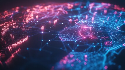 Fototapeta premium Glowing world map with interconnected lines representing global internet connections, digital data streams flowing across continents, futuristic technology and communication concept, dark blue backgro