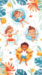 Happy children enjoying a sunny day swimming on inflatable toys in a pool surrounded by fun and colorful decorations
