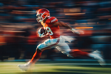 A football player sprinting downfield with the ball, evading tackles.ndefeated determination evident on his face as he races towards the end zone.