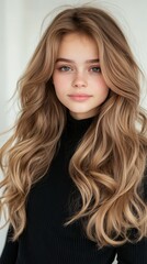 Naklejka premium A girl with long brown hair is wearing a black shirt. She has a nice smile and her hair is styled nicely