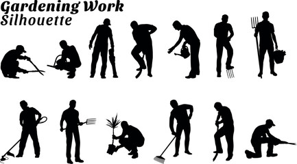 Gardening work silhouette vector illustration set