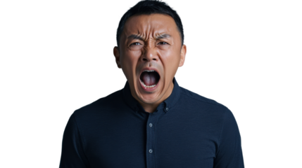 Angry asian businessman shouting on transparent background