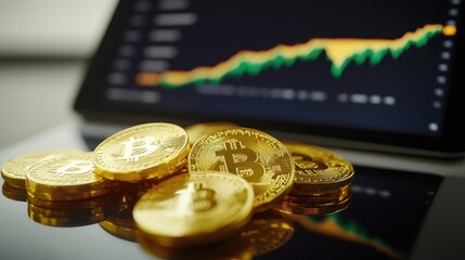 Golden coins rolling on a glossy surface with financial graph displayed on digital tablet screen in background, stock market volatility and investment risk concept, isolated on white background. 