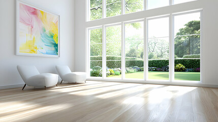 Fototapeta premium Bright empty modern living room with two white armchairs and large windows overlooking a sunny green garden.