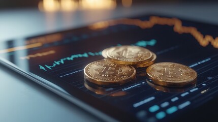 Golden coins rolling on a glossy surface with financial graph displayed on digital tablet screen in background, stock market volatility and investment risk concept, isolated on white background. 