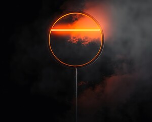 Circular street lamp, black background, foggy night, orange light from top, minimalist, low angle, wide-angle lens, soft focus, dark cinematic mood.