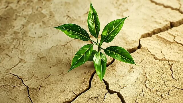 A tenacious plant emerges from the parched, cracked soil.