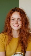 Naklejka premium A woman with red hair is sitting at a table with a cup of coffee. She is smiling and she is enjoying her drink
