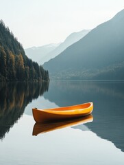 Obraz premium Lone kayak quietly floating on a serene mountain lake surrounded by lush greenery and distant peaks during a calm day. Generative AI