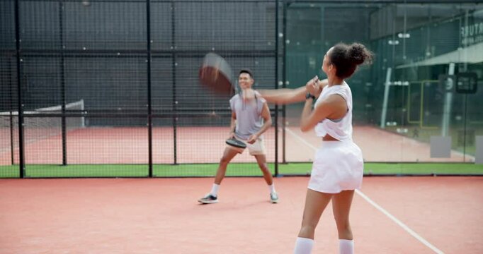 Team, padel or exercise on court for competition, match or training outdoor. Players, man and woman with racket sports for fitness, game or workout for body health with action for wellness or doubles