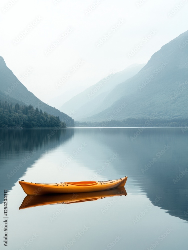 Poster lone kayak floating on calm mountain lake surrounded by misty peaks in early morning light. generati