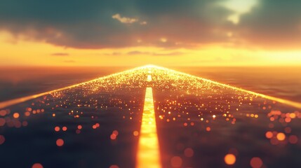 A glowing airport runway stretching endlessly under a radiant sunrise, warm golden hues reflecting on the smooth pavement, sky transitioning from deep blue to soft yellow, cinematic realism