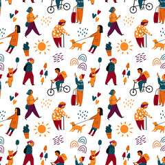 City Life Seamless vector Pattern people walking