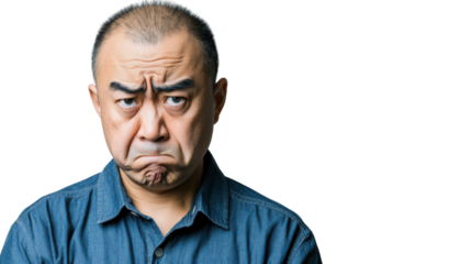 Skeptical senior man expressing disbelief with transparent background