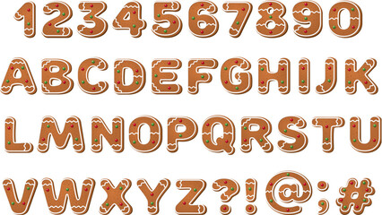 An illustrated alphabet of letters and numbers that look like gingerbread cookies. 
