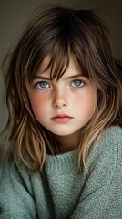 Naklejka premium A young girl with brown hair and blue eyes is wearing a green sweater. She has a rosy tint to her cheeks and a slight smile on her face. Concept of warmth and comfort