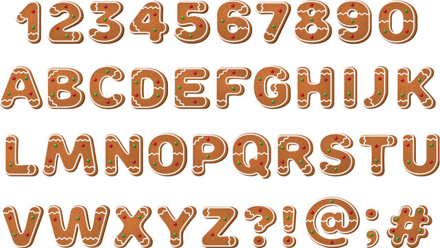 An illustrated alphabet of letters and numbers that look like gingerbread cookies. 