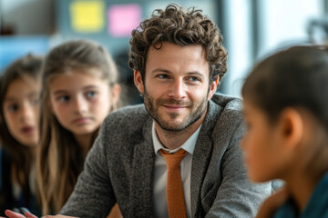 Man in suit and tie sitting at table with children, engaged in mentoring session. Bright room with educational materials and charts on walls.