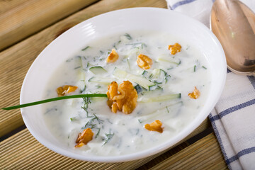 Traditional Bulgarian cold vegetable soup Tarator with cucumber, walnuts, garlic and yogurt in white bowl