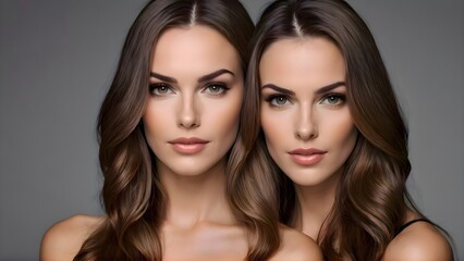 Fototapeta premium Two identical twin women with long, wavy brown hair and green eyes
