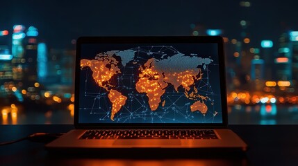 Laptop on a desk displaying a glowing world map with internet links, symbolizing remote work, global business, and online communication, cityscape background. 