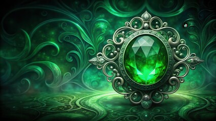 Gemstone of Emerald Majesty, set against a dark, mysterious background with intricate patterns and swirling shapes , ornate, vibrant green gemstone