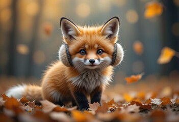 Adorable Fox Kit Wearing Earmuffs Amidst Autumn Leaves
