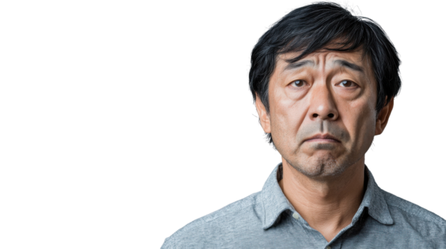 Sad senior japanese man with transparent background showing disappointment