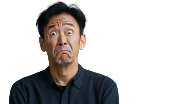 Worried asian man making a concerned grimace on transparent background