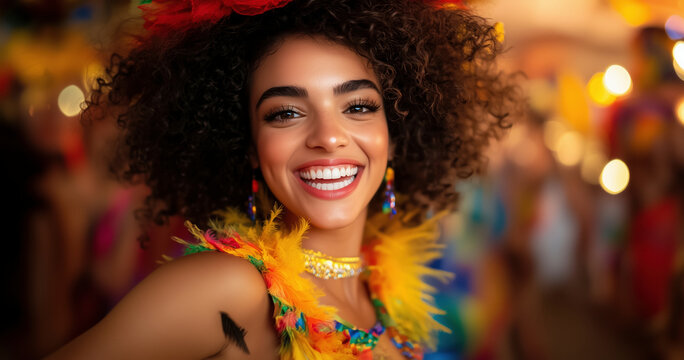 Brazilian Carnival: A Vibrant Portrait of Joy and Celebration. A stunning depiction of a woman in a colorful carnival costume, radiating happiness and cultural pride.